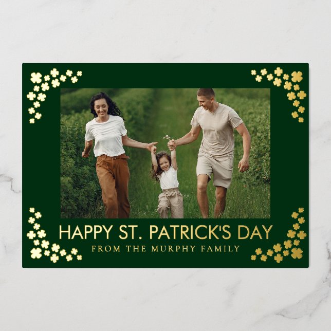 Minimalist lucky shamrock st. Patrick's Day Photo Foil Holiday Card (Front)