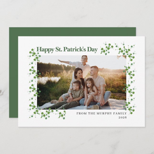 Minimalist lucky shamrock st. Patrick's Day Photo Holiday Card (Front/Back)