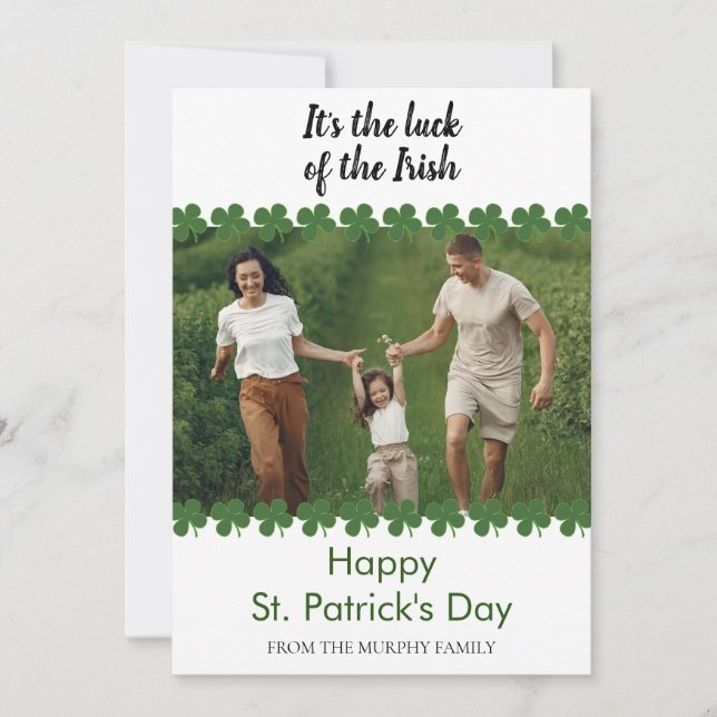 Minimalist lucky shamrock st. Patrick's Day Photo Holiday Card (Front)