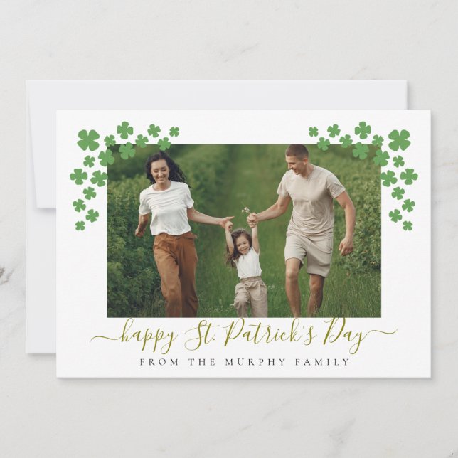 Minimalist lucky shamrock st. Patrick's Day Photo Holiday Card (Front)