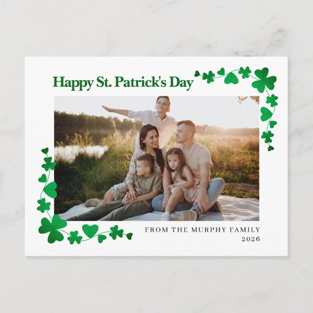 Minimalist lucky shamrock st. Patrick's Day photo Holiday Postcard (Front)