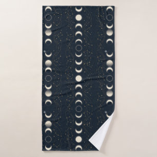 Minimalist Lunar Phases Pattern with Stars and Nig Bath Towel