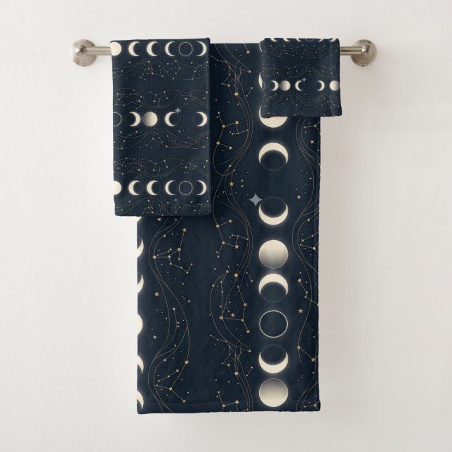 Minimalist Lunar Phases Pattern with Stars and Nig Bath Towel Set (Insitu)