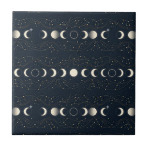 Minimalist Lunar Phases Pattern with Stars and Nig Ceramic Tile