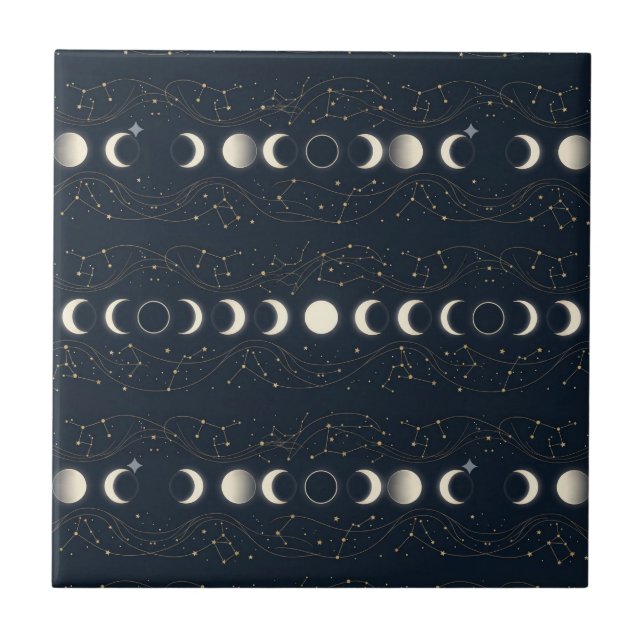 Minimalist Lunar Phases Pattern with Stars and Nig Ceramic Tile (Front)