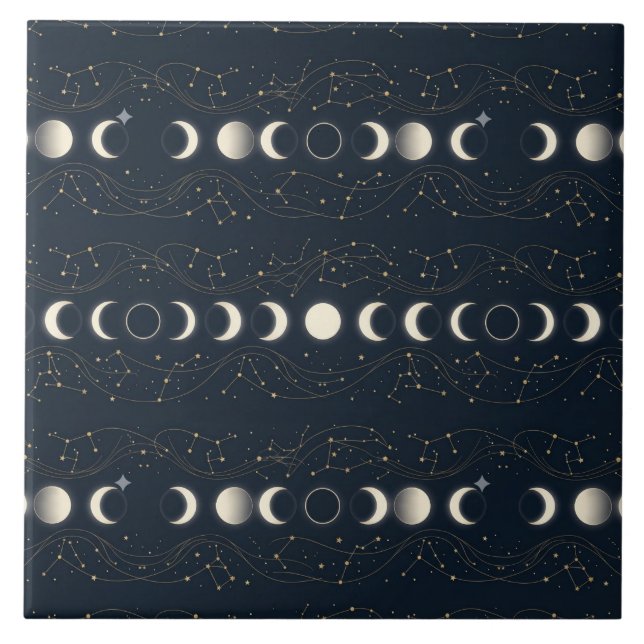 Minimalist Lunar Phases Pattern with Stars and Nig Ceramic Tile (Front)