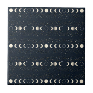 Minimalist Lunar Phases Pattern with Stars and Nig Ceramic Tile