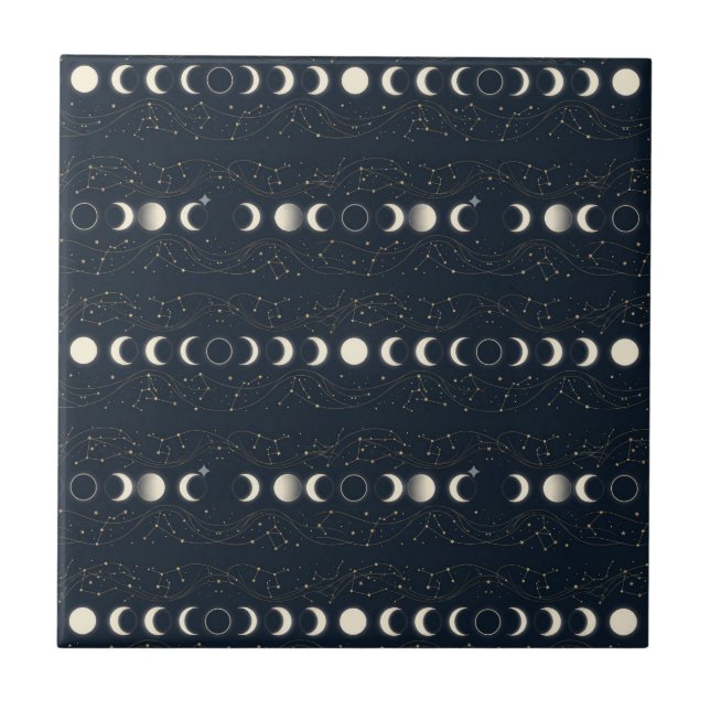 Minimalist Lunar Phases Pattern with Stars and Nig Ceramic Tile (Front)