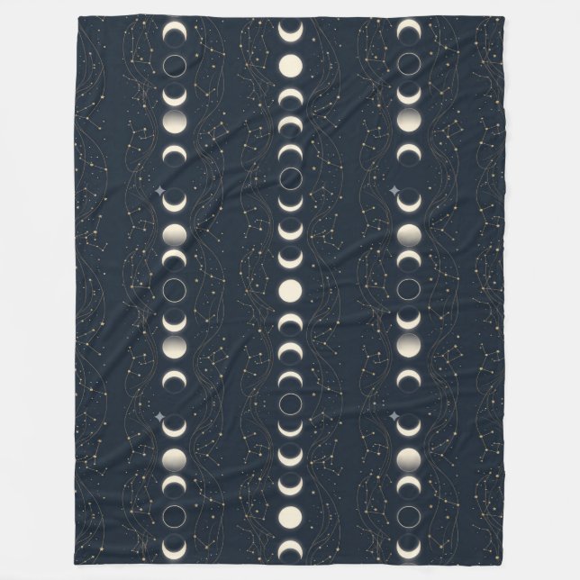 Minimalist Lunar Phases Pattern with Stars and Nig Fleece Blanket (Front)
