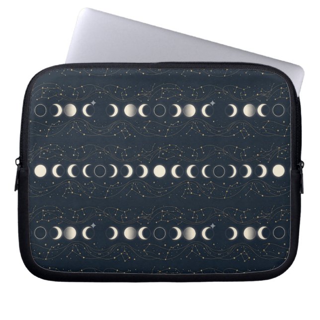 Minimalist Lunar Phases Pattern with Stars and Nig Laptop Sleeve (Front)
