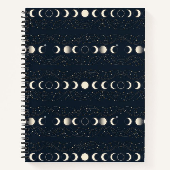 Minimalist Lunar Phases Pattern with Stars and Nig Notebook (Front)