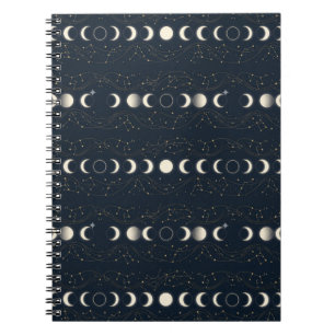 Minimalist Lunar Phases Pattern with Stars and Nig Notebook