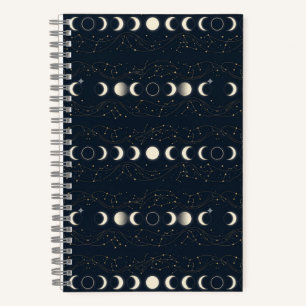 Minimalist Lunar Phases Pattern with Stars and Nig Notebook