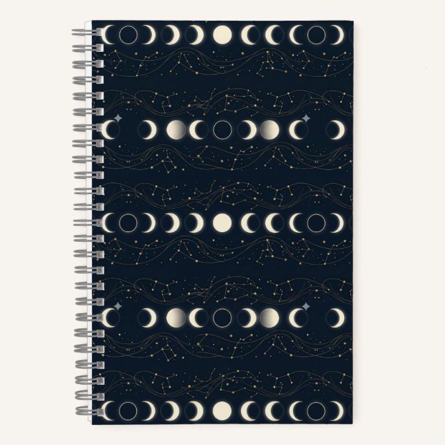 Minimalist Lunar Phases Pattern with Stars and Nig Notebook (Front)