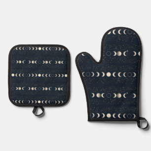 Minimalist Lunar Phases Pattern with Stars and Nig Oven Mitt & Pot Holder Set