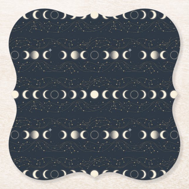 Minimalist Lunar Phases Pattern with Stars and Nig Paper Coaster (Front)