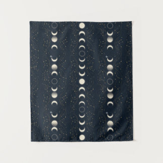 Minimalist Lunar Phases Pattern with Stars and Nig Tapestry
