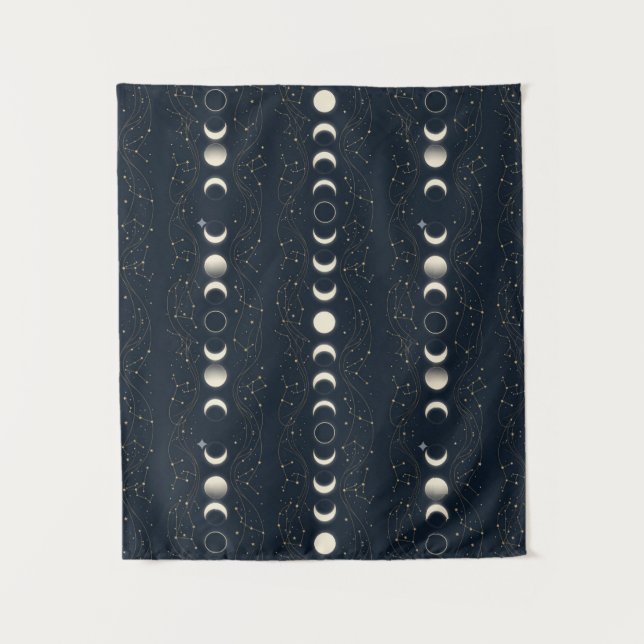 Minimalist Lunar Phases Pattern with Stars and Nig Tapestry (Front)