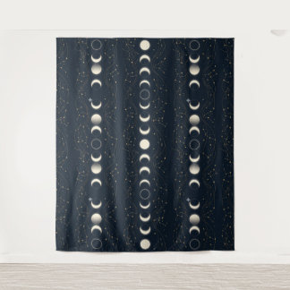 Minimalist Lunar Phases Pattern with Stars and Nig Tapestry