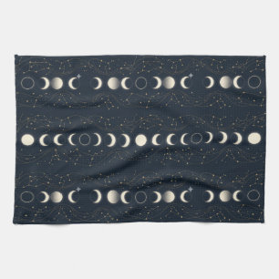 Minimalist Lunar Phases Pattern with Stars and Nig Tea Towel