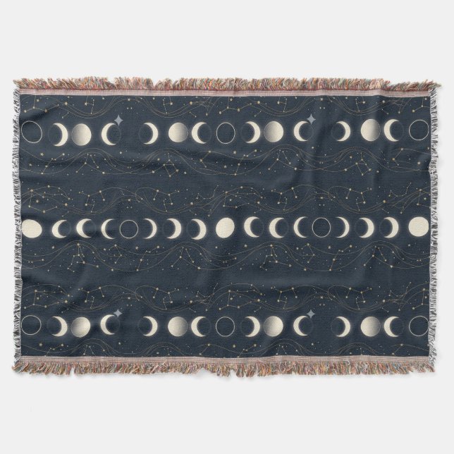 Minimalist Lunar Phases Pattern with Stars and Nig Throw Blanket (Front)