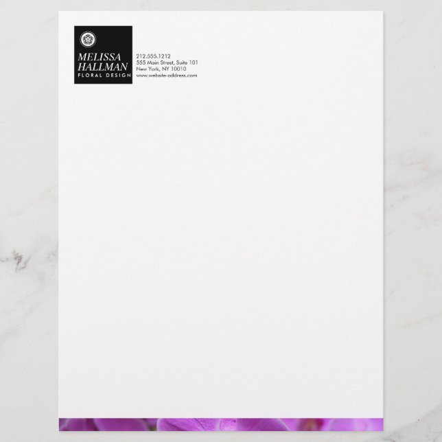 Minimalist Luxe Floral Logo with Purple Orchids Customized Letterhead (Front)