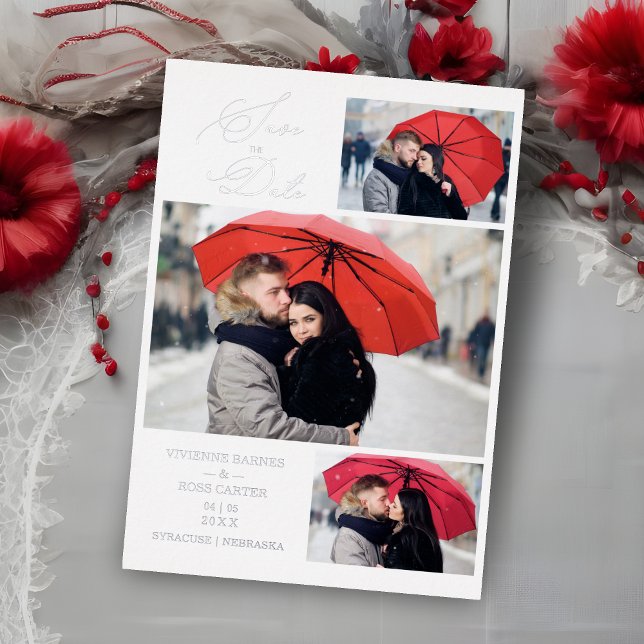 Minimalist Luxury 3 Photos Wedding Silver  (Wedding Silver Minimalist Luxury 3 Photos Real Foil Save the Date Card with Envelope.)