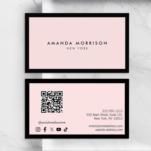 Minimalist Luxury Black/Pink QR Code Social Media Business Card (Creator Uploaded)