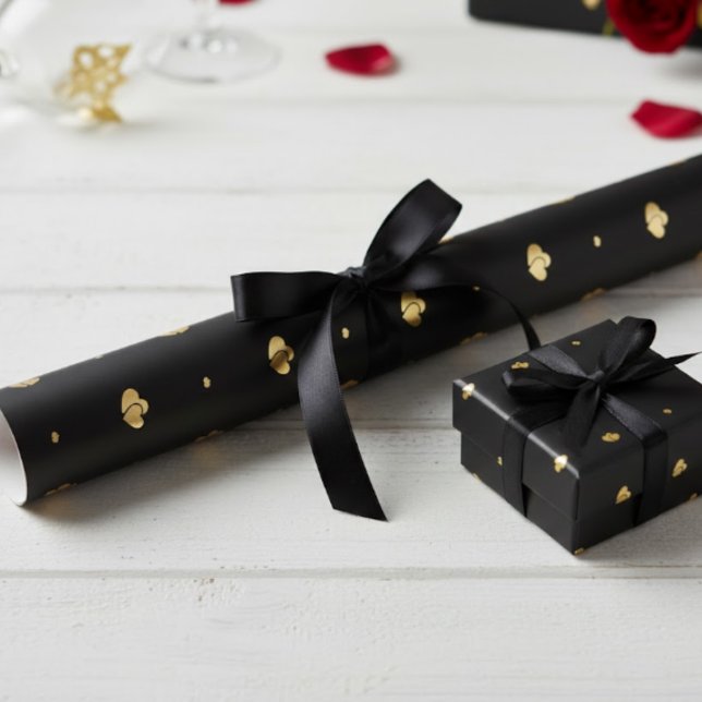 Minimalist Luxury Interlocking Gold Hearts on Blac Wrapping Paper (Creator Uploaded)
