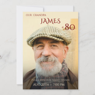 Minimalist Male Family Photo 80th Birthday  Invitation