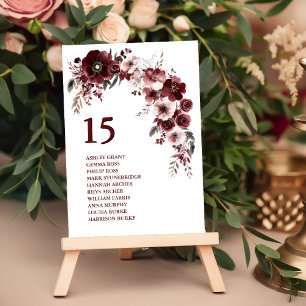 Minimalist Maroon Burgundy Wedding Names Table Number