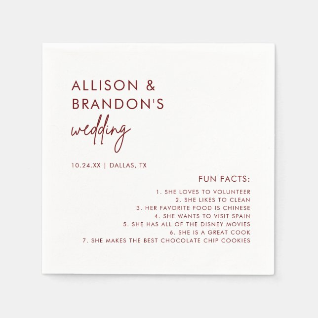 Minimalist Maroon Modern Wedding Fun Facts Napkins (Front)