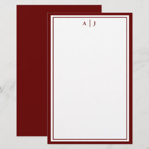 Minimalist Maroon Red Two Border Monogram Stationery