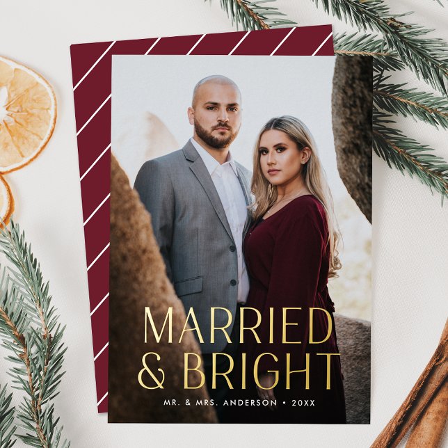 Minimalist Married and Bright Burgundy Photo Foil Holiday Card (Creator Uploaded)