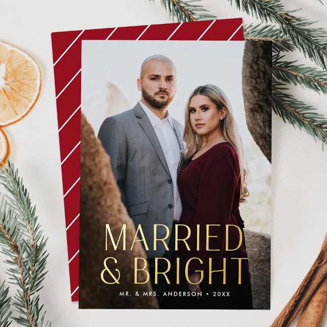 Minimalist Married and Bright Red Photo Foil Holiday Card (Creator Uploaded)