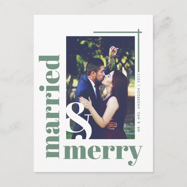 Minimalist Married and Merry Photo Christmas Postcard (Front)