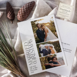 Minimalist Married Christmas Newlywed 3 Photo Holiday Card