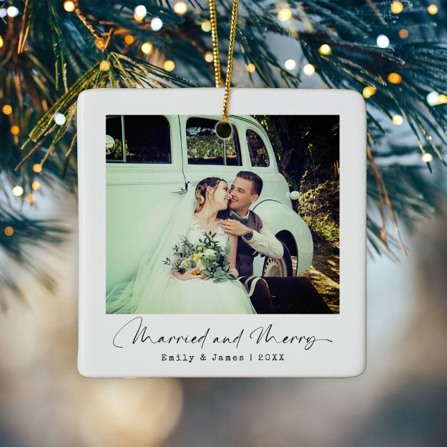 Minimalist Married & Merry Christmas Photo Ceramic Ornament (Creator Uploaded)