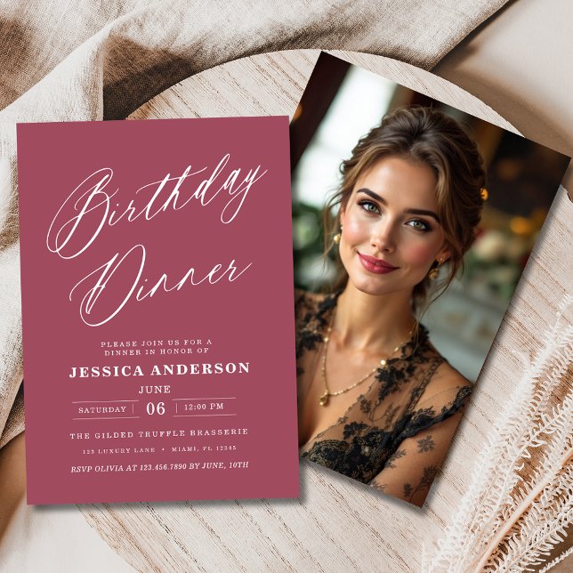 Minimalist Mauve Pink Modern Birthday Dinner Photo Invitation (Creator Uploaded)