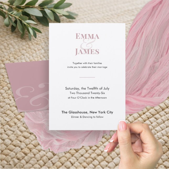 Minimalist Mauve Wedding Invitation | QR Code (Soft mauve wedding invitation with refined minimalist type for a modern romantic look.)