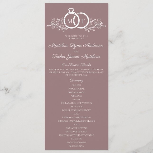 Minimalist Mauve Wedding Ring Monogram Wedding  Program (Front)
