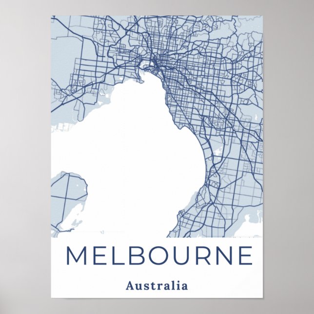 Minimalist Melbourne Map Modern Grey Blue Print (Front)