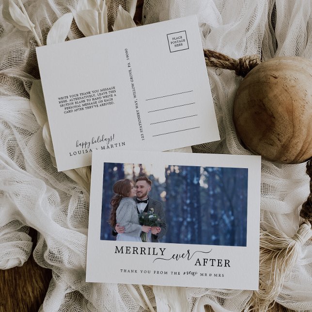 Minimalist Merrily Ever After Newlywed Thank You Holiday Postcard (Creator Uploaded)