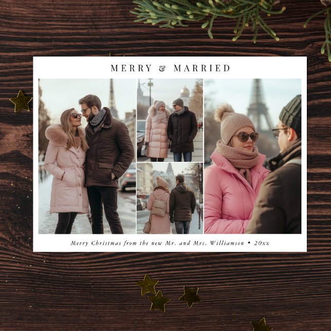 Minimalist Merry and Married Christmas 4 Photo Holiday Card (Creator Uploaded)