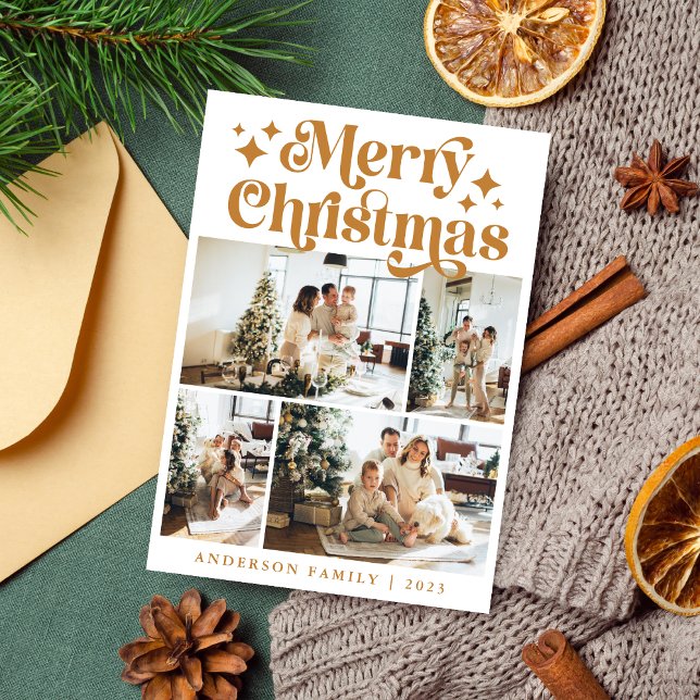 Minimalist Merry Christmas 4 Photo Retro Yellow Holiday Card (Creator Uploaded)