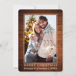 Minimalist Merry Christmas Couple Photo Wood Holiday Card