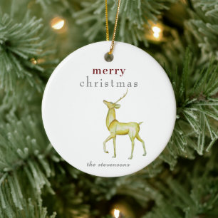 Minimalist Merry Christmas Gold Reindeer Ceramic Ornament