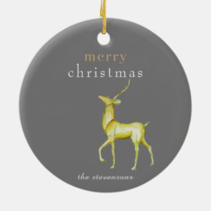 Minimalist Merry Christmas Gold Reindeer Ceramic Ornament