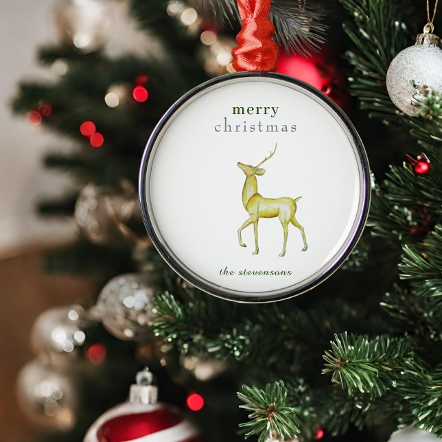 Minimalist Merry Christmas Gold Reindeer Metal Ornament (Creator Uploaded)