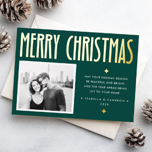 Minimalist Merry Christmas modern retro dark green Foil Holiday Card